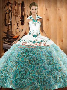 Exceptional Sweep Train Ball Gowns Quince Ball Gowns Multi-color Halter Top Fabric With Rolling Flowers Sleeveless Lace Up