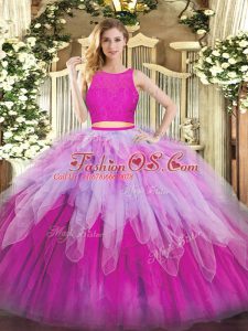 Floor Length Fuchsia Quinceanera Dress Organza Sleeveless Lace and Ruffles