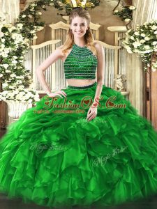 Green Zipper Halter Top Beading and Ruffles Quinceanera Gowns Tulle Sleeveless