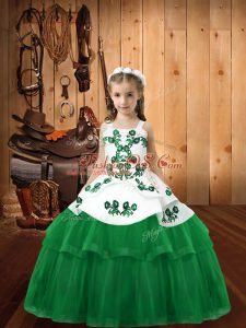 Green Ball Gowns Tulle Straps Sleeveless Embroidery Floor Length Lace Up Pageant Gowns