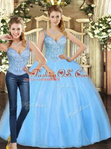 Baby Blue Lace Up Straps Beading 15th Birthday Dress Tulle Sleeveless