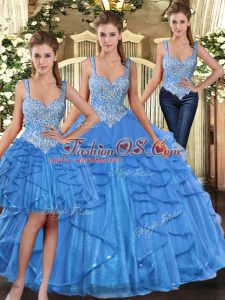 Latest Floor Length Ball Gowns Sleeveless Aqua Blue Quinceanera Gown Lace Up