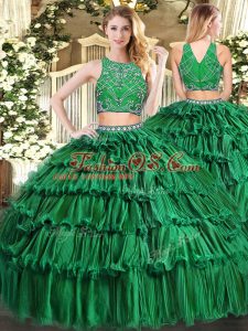 Shining Dark Green Sleeveless Floor Length Beading and Appliques and Ruffled Layers Zipper Sweet 16 Quinceanera Dress
