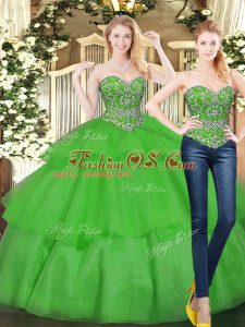 Low Price Sweetheart Sleeveless Quinceanera Gowns Floor Length Beading and Ruffled Layers Green Organza
