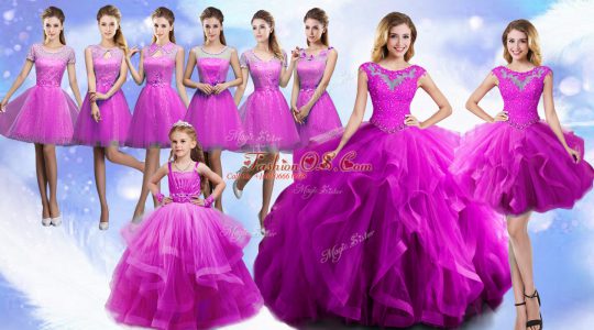 Decent Fuchsia Ball Gowns Scoop Sleeveless Organza Floor Length Lace Up Beading and Ruffles 15 Quinceanera Dress