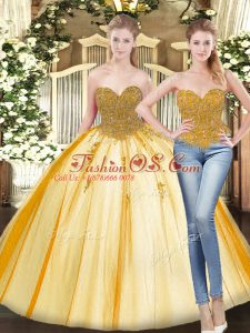 Stunning Sleeveless Tulle Floor Length Lace Up Ball Gown Prom Dress in Gold with Beading and Appliques
