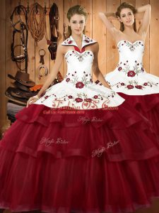 Wonderful Wine Red Halter Top Neckline Embroidery and Ruffled Layers Quinceanera Gown Sleeveless Lace Up