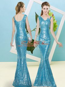 Baby Blue Mermaid Sequined Asymmetric Sleeveless Sequins Floor Length Zipper Prom Dresses