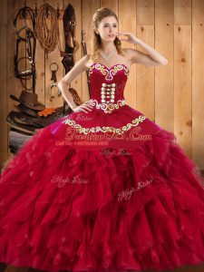 Sweet Wine Red Sleeveless Floor Length Embroidery and Ruffles Lace Up Sweet 16 Dress