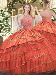 Rust Red Sleeveless Floor Length Beading and Embroidery and Ruffles Zipper Quinceanera Dresses