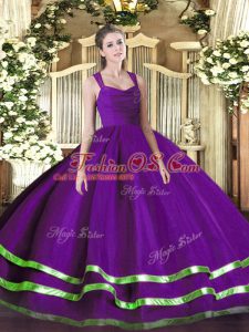 Lovely Straps Sleeveless Quince Ball Gowns Floor Length Ruffled Layers and Ruching Purple Organza