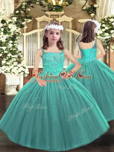 Best Teal Tulle Lace Up Little Girls Pageant Dress Wholesale Sleeveless Floor Length Beading