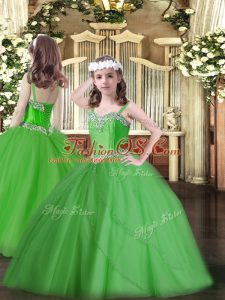 Green Tulle Lace Up Evening Gowns Sleeveless Sweep Train Beading
