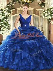 Charming Floor Length Backless Vestidos de Quinceanera Blue for Sweet 16 and Quinceanera with Beading and Ruffles