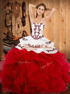 Graceful Embroidery and Ruffles Quinceanera Gown White And Red Lace Up Sleeveless Floor Length