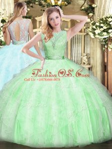 Fashionable Apple Green Sleeveless Lace and Ruffles Floor Length Sweet 16 Dresses