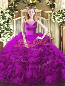 Best Fuchsia Ball Gowns Scoop Sleeveless Fabric With Rolling Flowers Floor Length Side Zipper Beading Quinceanera Gowns