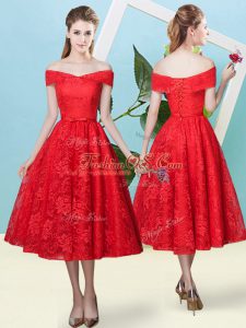 Red Bridesmaids Dress Prom and Party and Wedding Party with Bowknot Off The Shoulder Cap Sleeves Lace Up