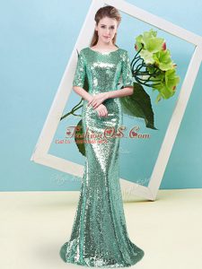 Turquoise Half Sleeves Floor Length Sequins Zipper Prom Party Dress