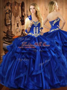Cute Royal Blue 15th Birthday Dress Military Ball and Sweet 16 and Quinceanera with Embroidery and Ruffles Sweetheart Sleeveless Lace Up