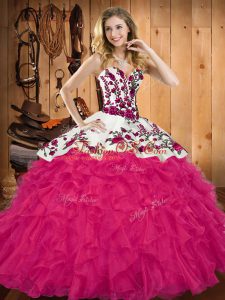 Perfect Tulle Sweetheart Sleeveless Lace Up Embroidery and Ruffles Quince Ball Gowns in Hot Pink