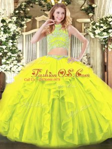 Beautiful Sleeveless Tulle Floor Length Backless 15 Quinceanera Dress in Yellow Green with Beading and Ruffles