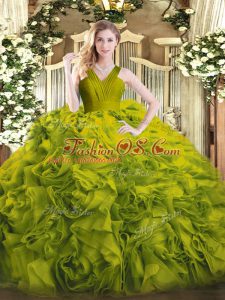 Best Sleeveless Floor Length Ruffles Zipper Quinceanera Gown with Olive Green