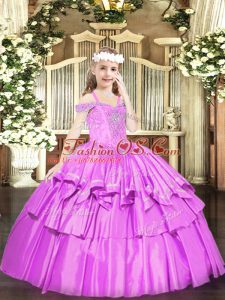 Off The Shoulder Sleeveless Little Girl Pageant Gowns Floor Length Beading and Ruffled Layers Lilac Organza