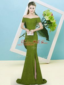 Olive Green Mermaid Sequins Evening Dress Zipper Sequined Short Sleeves