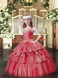 Coral Red Organza and Taffeta Lace Up Straps Sleeveless Floor Length Custom Made Pageant Dress Beading and Ruffled Layers