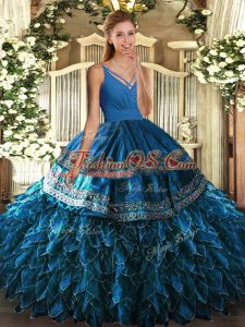 Floor Length Ball Gowns Sleeveless Blue Quinceanera Dress Backless