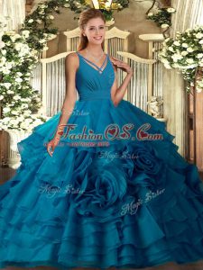 Dynamic V-neck Sleeveless Side Zipper Quinceanera Gowns Teal Organza