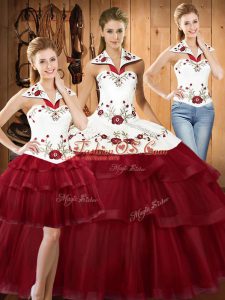 With Train Wine Red 15th Birthday Dress Satin and Organza Sweep Train Sleeveless Embroidery and Ruffled Layers