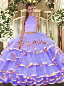 Lavender Organza Backless Halter Top Sleeveless Floor Length Sweet 16 Dress Beading and Ruffled Layers