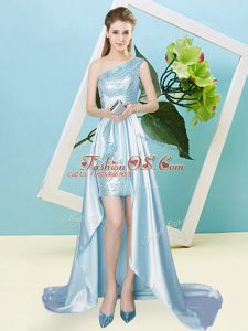 Cheap Light Blue Lace Up Prom Evening Gown Sequins Sleeveless High Low