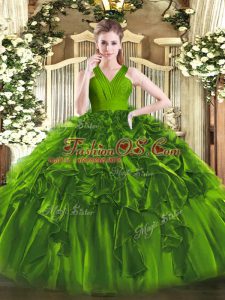 Dazzling V-neck Sleeveless Quinceanera Dress Floor Length Ruffles Olive Green Organza