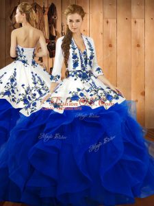 Sweetheart Sleeveless Quince Ball Gowns Floor Length Embroidery and Ruffles Blue Satin and Organza
