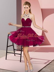 Luxurious Halter Top Sleeveless Homecoming Dress Mini Length Beading Fuchsia Chiffon