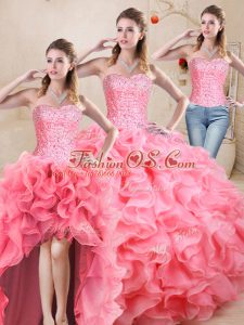 Flare Watermelon Red Sweetheart Neckline Beading and Ruffles Quince Ball Gowns Sleeveless Lace Up