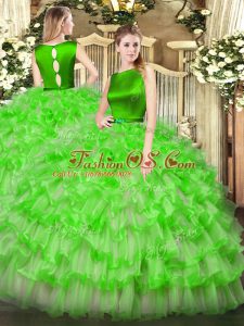 Scoop Sleeveless Quince Ball Gowns Floor Length Ruffled Layers Organza