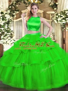 Green Sleeveless Tulle Criss Cross Sweet 16 Dresses for Military Ball and Sweet 16 and Quinceanera