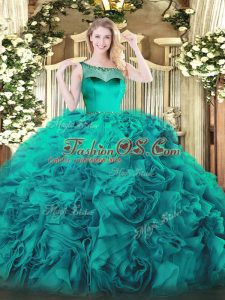 Teal Sleeveless Fabric With Rolling Flowers Zipper Sweet 16 Dress for Sweet 16 and Quinceanera