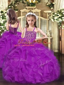 Superior Fuchsia Ball Gowns Organza Straps Sleeveless Beading and Ruffles Floor Length Lace Up Evening Gowns