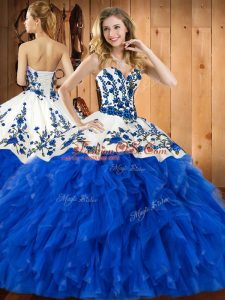 Blue Sweet 16 Quinceanera Dress Military Ball and Sweet 16 and Quinceanera with Embroidery and Ruffles Sweetheart Sleeveless Lace Up