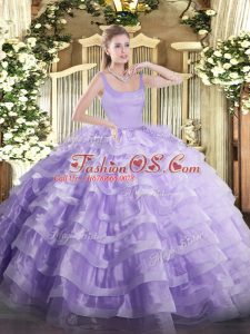 Luxury Lavender Zipper Straps Beading and Ruffled Layers Sweet 16 Dresses Organza Sleeveless