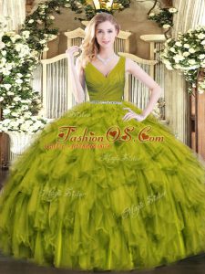 Fancy Olive Green Ball Gowns V-neck Sleeveless Tulle Floor Length Zipper Beading and Ruffles Quinceanera Gowns