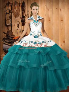 Lovely Teal Organza Lace Up Halter Top Sleeveless Sweet 16 Quinceanera Dress Sweep Train Embroidery and Ruffled Layers