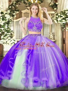 Floor Length Zipper Sweet 16 Dress Lavender for Military Ball and Sweet 16 and Quinceanera with Beading and Ruffles