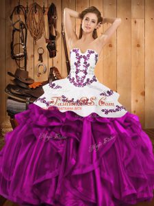 On Sale Fuchsia Ball Gowns Embroidery and Ruffles Ball Gown Prom Dress Lace Up Satin and Organza Sleeveless Floor Length