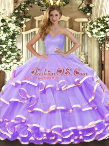 Most Popular Lavender Ball Gowns Sweetheart Sleeveless Organza Floor Length Lace Up Ruffled Layers Quinceanera Dresses